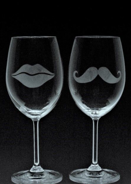 2 verres gravés | Lèvres et moustache style 1