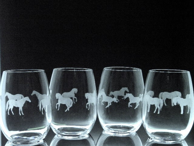 4 verres gravés | Cheval de course, étalon, equestre, pony, tout le tour