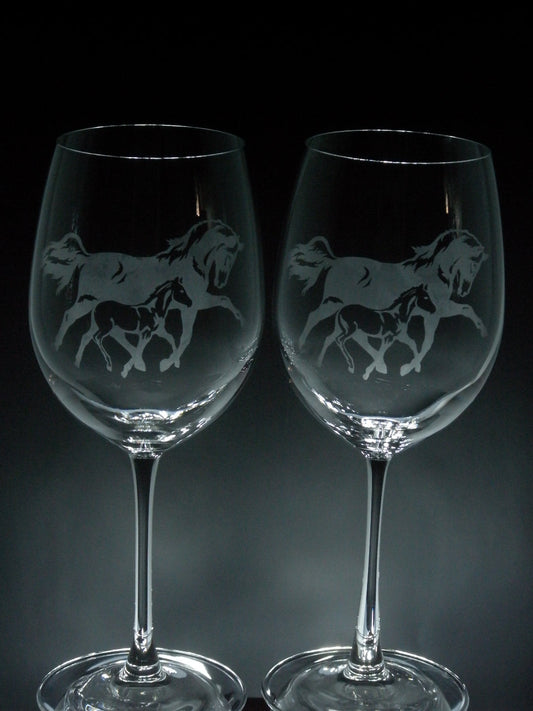 2 verres gravés | Cheval maman, bébé